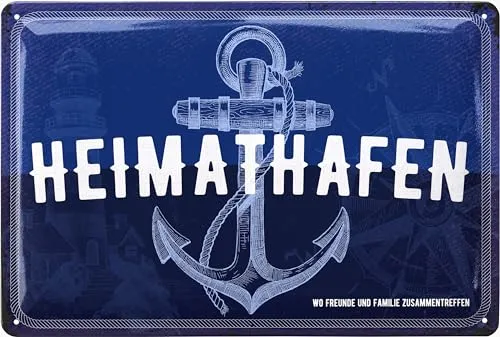 LANOLU Blechschild retro Heimathafen - maritime Anker Deko für Garten und Küche - Einweihungsgeschenk Wohnung für Freunde und Familie Schild - Einzug Geschenk - vintage Metallschild, 20x30 cm
