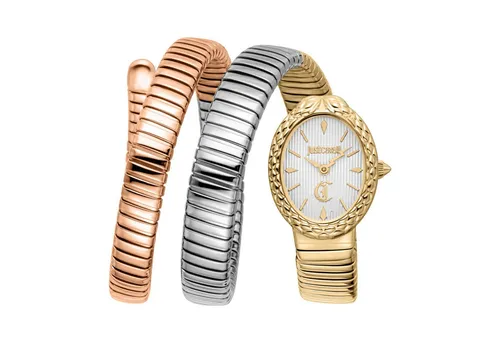 Just Cavalli Damenuhr Signature Snake in Gold und Silber - Elegante Damenuhr mit analoger Anzeige und poliertem Edelstahl-Gehäuse. Das bicolor Armband und das Mineralglas verleihen ihr einen modernen Look, ideal für jeden Anlass.