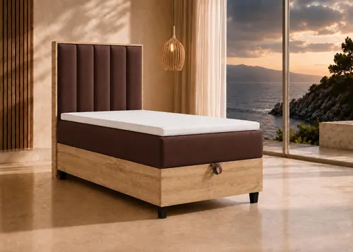 Trinity K-1 Einzelbett 100x200 cm Braun | Boxspringbett mit Bettkasten und Topper