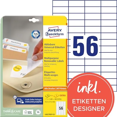 AVERY Zweckform L6027REV-25 Universal-Etiketten (1.400 plus 280 Klebeetiketten extra, 52,5x21,2mm auf A4, wieder rückstandsfrei ablösbar/abziehbar, bedruckbar, selbstklebende Aufkleber) 30 Blatt, weiß