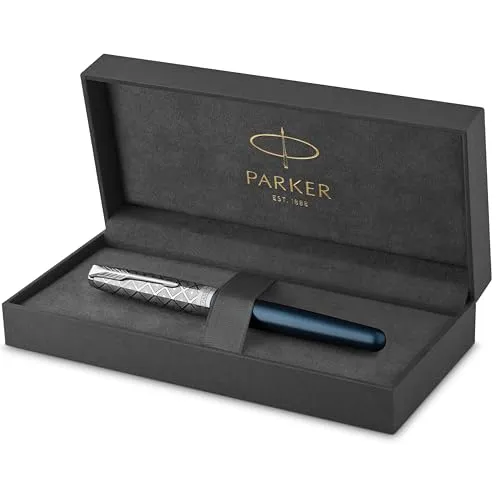Parker Sonnet Füller | Premium Metal & Blue Satinierung mit Chromverkleidung | Füllfederhalter Feine 18 Karat Goldfeder mit schwarzer Tintenpatrone | Geschenkbox
