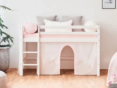 Hoppekids Hochbett «Winter Wonderland» 70x160, umbaubar mit Vorhang-Set - Kinderzimmermöbel mit gemütlichem Winterdesign, ideal für kreative Schlafräume. Das Hochbett aus massivem Kiefernholz bietet Platz für Spiel und Entspannung.