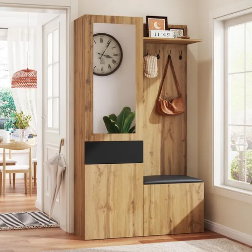 Merax Garderobenset mit Spiegel, 5 Haken und Schuhschrank, Flurgarderobe mit Sitzbank, Ablagefächern und Einbauschrank, Garderobe in Holzoptik mit Schwarz