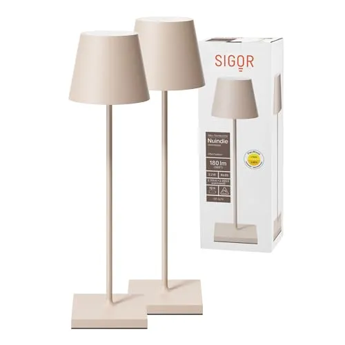 SIGOR LED Tischleuchte Nuindie 2x, Dimmbar, USB-C - Nachttischleuchten: Doppelpack dimmbare LED Tischlampe, spritzwassergeschützt (IP54), ideal für Indoor & Outdoor, mit 12 Stunden Leuchtdauer und USB-C Aufladung.