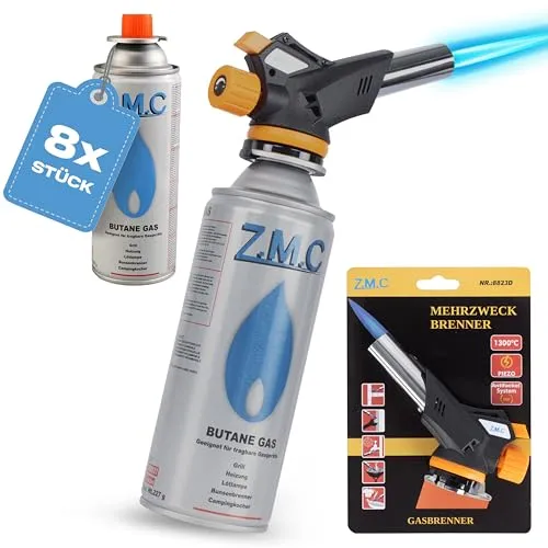 Z.M.C Gasbrenner 1,3kW + 8x Gaskartuschen 227g, Flambierbrenner bis zu 1300°C, Bunsenbrenner Lötbrenner mit Piezozündung, Küchenbrenner mit einstellbare Flamme, Temperatur von 1300°C