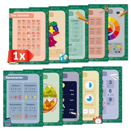 Primus Print - Lernposter 10er-Set Grundschule A4 - Alphabet, Zahlen, Planeten, Uhrzeiten & mehr - Pädagogisches Lernmaterial - Lernhilfe für Kinder fürs Kinderzimmer & Klassenzimmer (1x10Stück/Set)