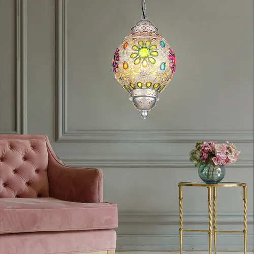 Esszimmer Pendelleuchte mit bunten Acrylkristallen - Lampen mit orientalischem Design, 1x 9W LED Leuchtmittel inklusive, 810 Lumen warmweiß, ideal für stimmungsvolle Beleuchtung in Küche oder Esszimmer.