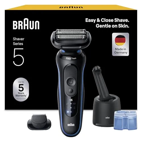 Braun Series 5 Elektrorasierer Herren, Rasierapparat mit 50 Min. Akku, 4in1 SmartCare Reinigungsstation, +1 Aufsatz, Kabelloser Nass- und Trockenrasierer für Männer, Wasserdicht, 52-B7200cc, Blau