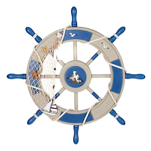 Birendy Holzdeko Steuerrad in Blau Weiß mit maritimen Applikationen Durchmesser 62cm Perfekte maritime Dekoration (10-hellblau-natur-Möwe-62cm)
