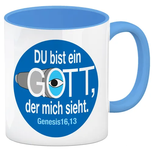 Du bist ein Gott, der mich sieht. Kaffeebecher in hellblau mit Bibel Zitat in
