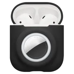 kwmobile 2-in1 Hülle kompatibel mit Apple Airpods 1 & 2 - Kopfhörer Case kompatibel mit Airtag - Weiches Silikon Cover - Schutzhülle mit Karabin... - Schwarz