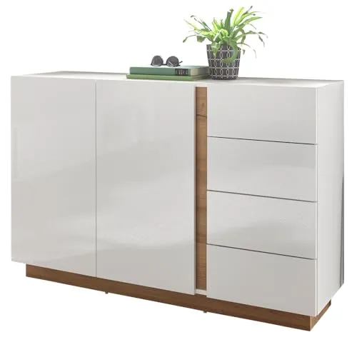 Lomadox Sideboard CELLE-61, weiß Glanz und Grandson Oak - Stylisches Sideboard in modernem Design, mit Soft-Close-Türen und Push-to-Open Schubladen. Ideal für eine individuelle Wohnwand-Gestaltung im Wohnzimmer.