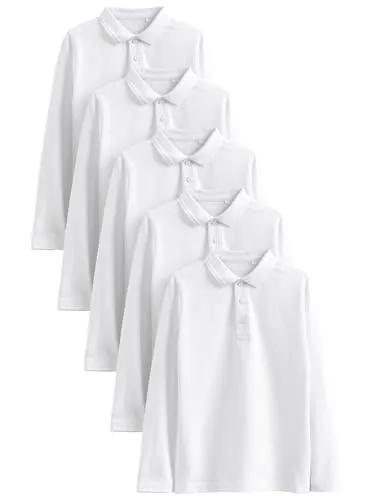 NEXT Jungen Langärmelige Polohemden, 5er-Pack Weiß 170 - Praktische 5er-Packung langärmeliger Polohemden für Jungen, ausgestattet mit einer speziellen Teflon-Beschichtung, die Flecken abweist und für einfache Pflege sorgt.