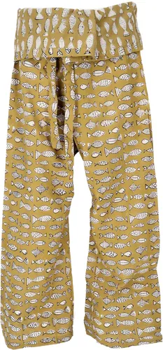 Handbedruckte Fischerhose - Senfgelb mit Fischmotiv - Unisex Latzhosen im Ethno Style aus 100 % Baumwolle, bequem geschnitten und ideal für ganzjährige Trageanlässe. Fair gehandelt in Indien, mit Bindegürtel für individuellen Sitz.
