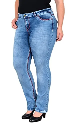 ESRA Damen High-Waist Straight Fit Jeans mit dicken Nähten - Stylische Damen Jeans in Übergrößen bis 7XL; die bequeme High-Waist Straight Fit Jeans bietet einen perfekten Sitz dank Stretch-Anteil und hebt Ihre Silhouette hervor. Ideal für jeden Anlass, mit trendigen Kontrastnähten im 5-Pocket-Style.