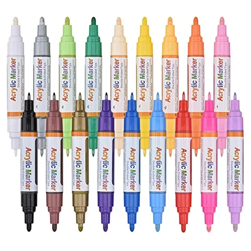 Acrylstifte Doppelspitze, 18 Farbige Doppelfasermaler Acrylstifte für Bemalen, Wasserfeste und Schnelltrocknend Acryl Permanent Marker für Papier Steine Fotoalbum Gästebuch Leinwand (3mm und 0.7mm)
