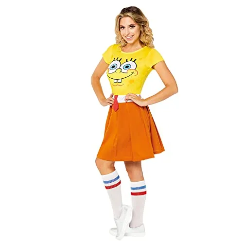 Spongebob Schwammkopf Damenkostüm - 46-48 - Kostüm für Karneval und Mottopartys, bestehend aus einem Kleid mit Spongebobs Gesicht und Kniestrümpfen, perfekt für Gruppenoutfits!