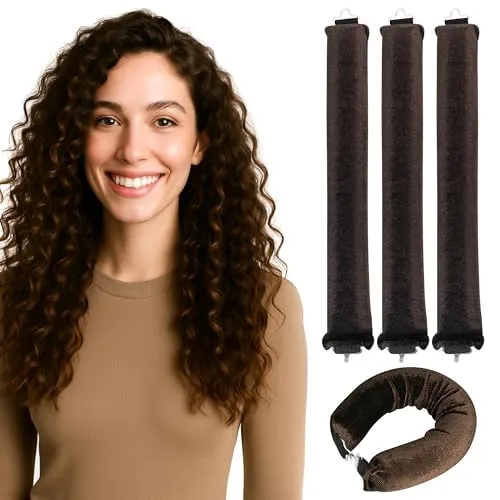 Lockenwickler 3er-Set – Heatless Overnight Curls für natürliche, voluminöse Wellen – Weiche Locken Samt-Haarroller mit Hakenverschluss – Schonend, biegsam & handgefertigt ohne Hitze (Braun)