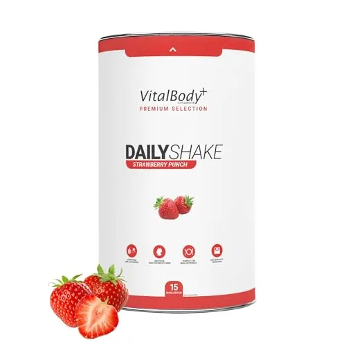VitalBody+ DailyShake Strawberry Punch, 450 g, Mahlzeitenersatz-Shake | Mahlzeitenersatz-Shake zum Abnehmen, nur 250 kcal pro Shake, vollwertig & kalorienarm ersetzen