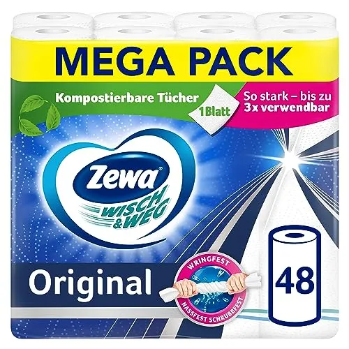 Zewa Wisch & Weg Küchenrolle Original Großpackung - Hygieneartikel mit innovativer Power-X-Struktur für starke Saugkraft und Reißfestigkeit, ideal für alle Verschmutzungen im Haushalt.