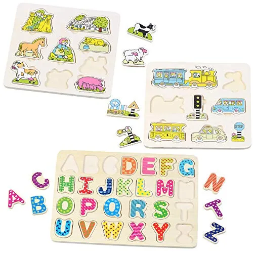 Playtastic Holzspielzeug: 3er-Set Bunte Kinder-Puzzles aus Holz: Buchstaben, Bauernhof & Verkehr (Motorik-Spielzeug Holz, Holzlspielzeug, Spiele)