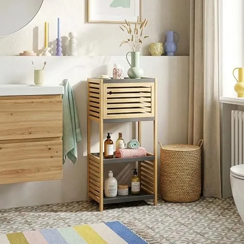 [en.casa] Badregal Kydesby - Schmaler Badezimmerschrank mit 1 Tür und 2 offenen Fächern - Kompakter Badschrank aus Bambus, ideal zur stilvollen Organisation Ihres Badezimmers. Nutzen Sie jede Nische optimal und genießen Sie ein aufgeräumtes Ambiente mit praktischen Stauraummöglichkeiten.
