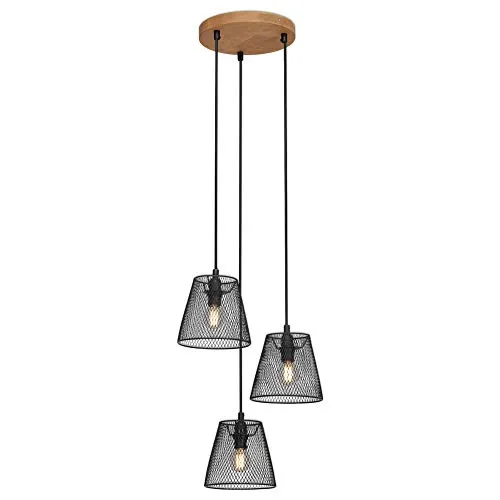 Briloner Leuchten Pendelleuchte 3-flammig - Hängeleuchte im retro/vintage Design mit Drahtgeflechtschirmen, ideal als Esszimmer- oder Wohnzimmerlampe. Maximale Wattage 40W (3x E14), edle Optik mit Holz und Metall, perfekt für stimmungsvolle Beleuchtung.