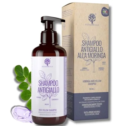 BIO Anti-Gelb-Shampoo | Neue Formel 3X effektiver | Tonalisierung blondes, gebleichtes oder weißes Haar - natürliches Shampoo 99,5% ohne SLS und ASL - mit Moringa, Malve und Kamille | RedMoringa 250ml