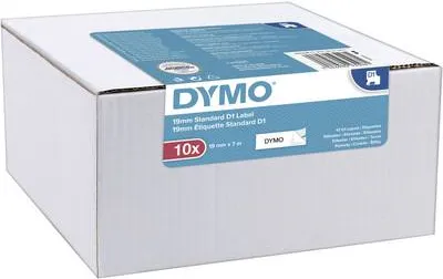 Dymo Schriftband 2093098, D1 19mm, schwarz auf weiß - 10 Stück - Druckerverbrauchsmaterial, 10x hochwertiges Schriftband, permanent klebend und resistent gegen UV-Strahlung, Wasser und Hitze, ideal für Innen- und Außenanwendungen.