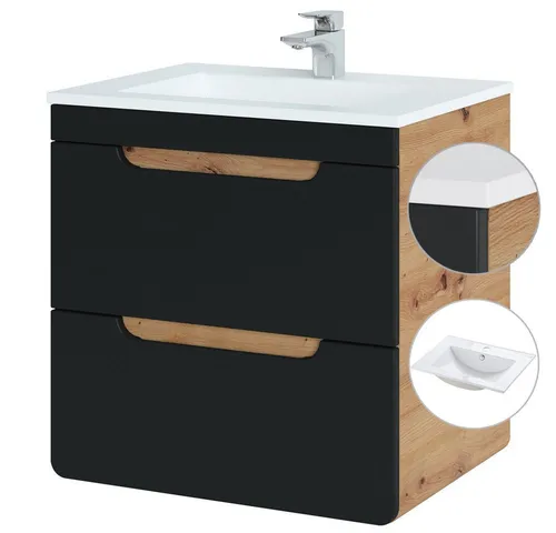 Lomadox Waschtisch NEW-LUTON, Wotan Eiche Nb. 61/60,8/46 cm - Waschtisch mit modernem Design, seidenmatten Fronten und integrierter Softclose-Funktion für sanftes Schließen. Ideal für ein stilvolles Badezimmer.