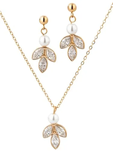 Brautkrone Brautschmuck: Halskette & Ohrringe aus Edelstahl mit Zirkonia & Perle (Gold)