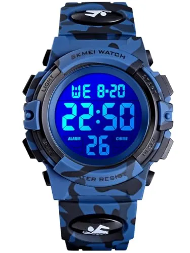 Alienwork Seven-Color LED Digital Kinderuhr Jungen Mädchen Camouflage blau Kautschuk-Armband Kalender Mehrfarbig Chronograph Sportlich Multi-Funktion