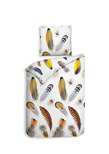 Heckett & Lane Biber Flanell Bettwäsche Lopez Feder Citrus Yellow - Bettwäsche-Set in leuchtendem Citrus Yellow (155x220 + 80x80 cm) aus kuscheligem Biber Flanell für ultimativen Komfort und Wärme in der Nacht.