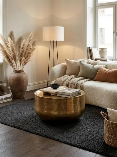Orientalischer Couchtisch Aluminium Gold 60x60 cm - Eleganter runder Couchtisch aus handgefertigtem Aluminium mit Hammerschlag-Struktur. Ideal für stilvolle Wohnzimmer, leicht umpositionierbar und ein Unikat mit erhöhtem Rand zum Schutz von Gegenständen.