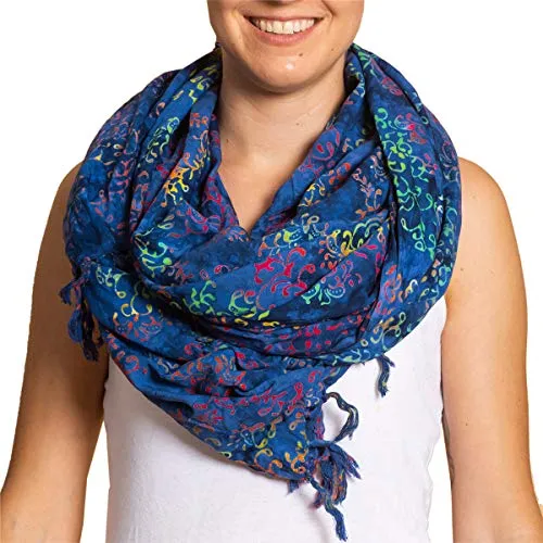 PANASIAM Schal B026 Motley blue, XL - Schal für Damen, handgefertigt aus hochwertiger Viskose, einzigartiges Wachsbatik-Design, multifunktional als Stola oder Strandtuch einsetzbar, fair produziert in kleinen Familienbetrieben.