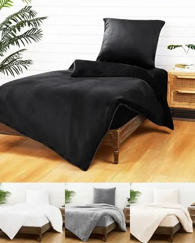 JACK Teddy Flausch Bettwäsche Uni 135x200cm Plüsch Cashmere Touch Weiß Grau Anthrazit Creme Blau Schwarz Einfarbig Warm, Farbe:Schwarz