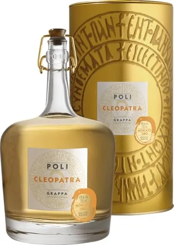 Poli Grappa Cleopatra Moscato Oro 40% Vol - Grappa aus Italien mit innovativer Crysopea-Destillation für unverfälschte Fruchtaromen. Ideal als Digestif oder für Cocktails, in eleganter Geschenkbox.