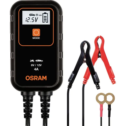 OSRAM BATTERYcharge 904 - Mobiles KFZ-Batteriewartungsgerät 12V, intelligentes 4A Ladegerät mit 9-stufigem Zyklus und digitaler Anzeige für optimale Batteriewartung