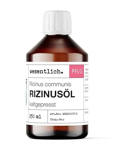 Rizinusöl kaltgepresst (250ml) - reines Pflegeöl von wesentlich - Kaltgepresstes Rizinusöl (250ml) von wesentlich, ideal zur Unterstützung der Haut- und Haarpflege. Vielseitig einsetzbar für Kosmetikprodukte und Lippenpflege. Entdecken Sie die Qualität von wesentlich!