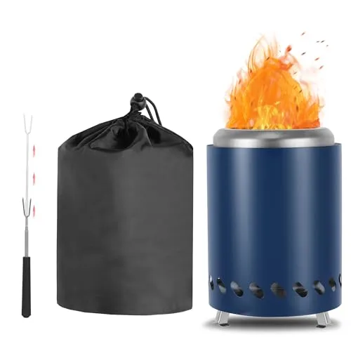 CAMPORG Tragbare Mini Feuerschale Edelstahl Camping mit Reisetasche, 14cm ⊘ * 20cm H Rauchfreie Feuerschale mit Gabel für 1-2 Personen Geeignet, Blau
