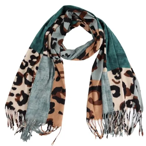 MIRROSI Modeschal weicher und warmer Schal mit Fransen, 70x180cm, (angesagtes Leomuster Leo Leopard Muster), Damen Halstuch ideal für Herbst und Winter (Leo Karo: Mint)