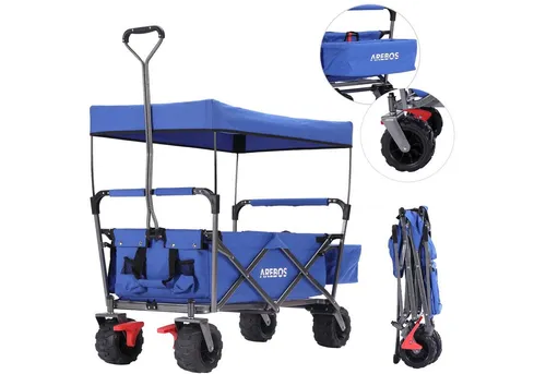 Arebos Bollerwagen 423361 - Faltbar & Traglast 100kg - Faltbarer Bollerwagen für vielseitige Einsätze wie Camping und Einkaufen. Mit abnehmbarem Dach, robustem Stahlgestell und 100kg Traglast. Ideal für jedes Gelände durch breite PU-Räder.