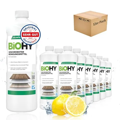 BiOHY Wischroboter Reinigungsmittel für Holzböden (12 x 1 Liter) | Bodenreiniger Konzentrat | Laminat & Parkettpflege | Bodenreiniger Mittel mit streifenfreiem Glanz | Schaumarm