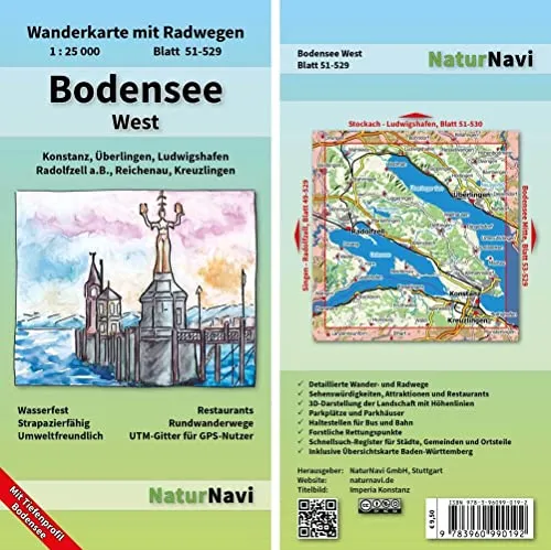 Bodensee West: Wanderkarte mit Radwegen, Blatt 51-529, 1 : 25 000, Konstanz, Überlingen, Ludwigshafen, Radolfzell a.B., Reichenau, Kreuzlingen (NaturNavi Wanderkarte mit Radwegen 1:25 000)