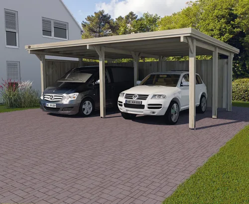 Weka Flachdach-Doppelcarport 618 Gr. 1 - Doppelcarport aus druckimprägniertem Holz, ideal für zwei Fahrzeuge mit stabilen 12 cm x 12 cm Pfosten und optimalem Schutz vor Wetter. Maße: 603 cm x 512 cm.