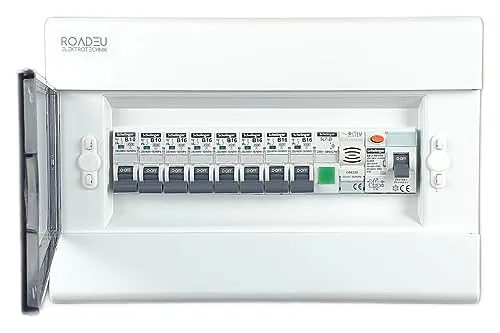 RoadEu Leitungsschutzschalter - Sicherungskasten mit Fi Schutzschalter - Verteilerkasten für Wohnungen, einfach zu installieren dank vorkonfektionierter Tragschiene und integriertem Sicherheitsindikator für mehr Sicherheit.