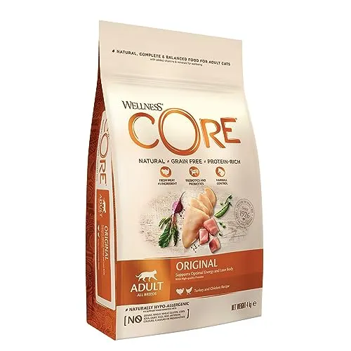 Wellness CORE Original Katzenfutter, Pute & Huhn, 4 kg - Premium, getreidefreies Trockenfutter für ausgewachsene Katzen mit hohem Fleischanteil; beugt Haarballen vor und unterstützt ein gesundes Herz.