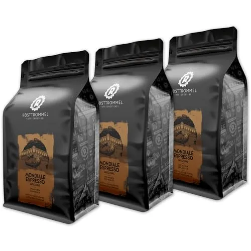 RÖSTTROMMEL Mondiale Espresso, Ganze Kaffee-Bohnen 3x1kg - Hochwertiger Espresso-Mix aus 50% Arabica und 50% Robusta, cremig und kräftig im Geschmack. Ideal für Kaffeeliebhaber, die besonderen Genuss schätzen und nachhaltige Produkte bevorzugen.