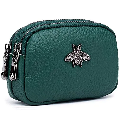 Geldbörse aus echtem Leder für Damen – Doppelreißverschluss, Bee Change Pouch Wallet Card Holder Geldbörse Mini Einfach Cute Coin Pocket nützlich für Frauen, grün, L