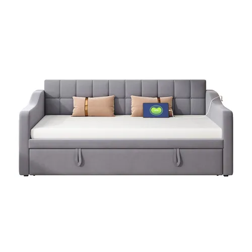 Polsterbett mit Steckdose und Aufbewahrungstasche 2 in 1 Schlafsofa Multifunktionsbett Jugendbett Gästebett Grau
